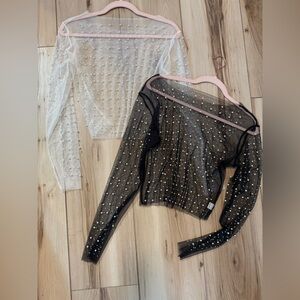 Women Pearl Rhinestone Sheer Mesh Crop Top Long Sleeve Slim Fit Blouse Shirt